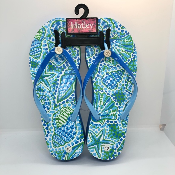 Tidewater Shoes New Hatley Flip Flops Agnes Wedge Shells Blue Green